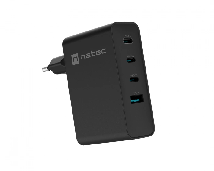 Natec Ribera GaN 3x USB-C & 1x USB-A Lader - 100W - Svart